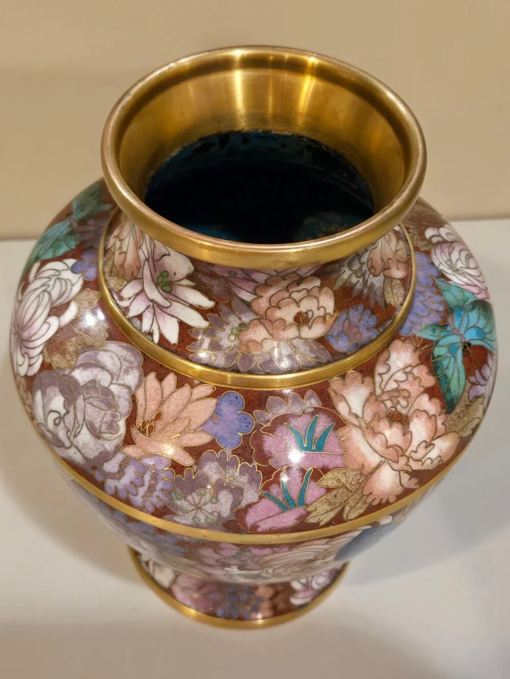 Ornate Pink and Blue Butterfly Cloisonné Vase